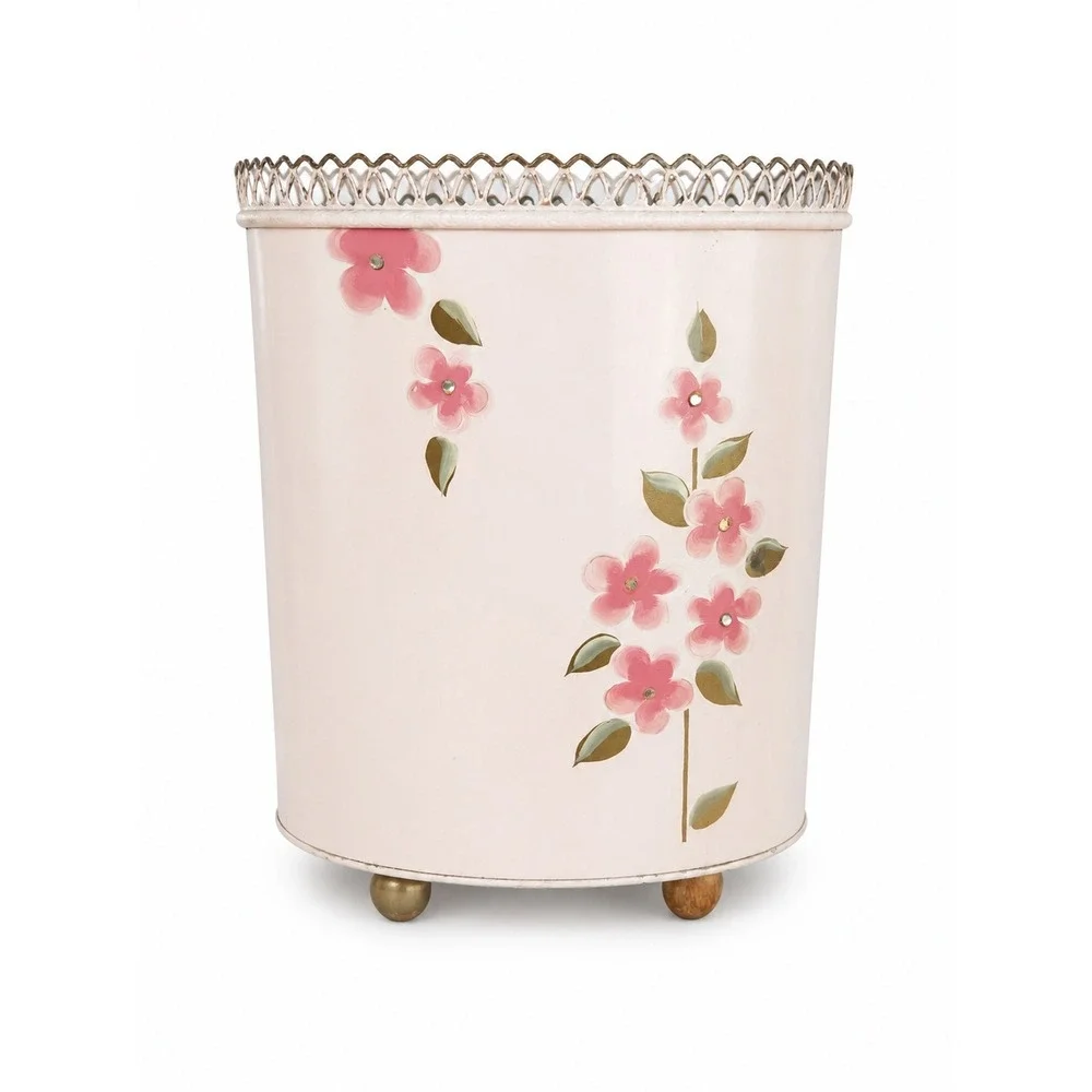 Ransburg Wastebasket Home OS Pink Good Hand Painted Floral Metal Scalloped Rim